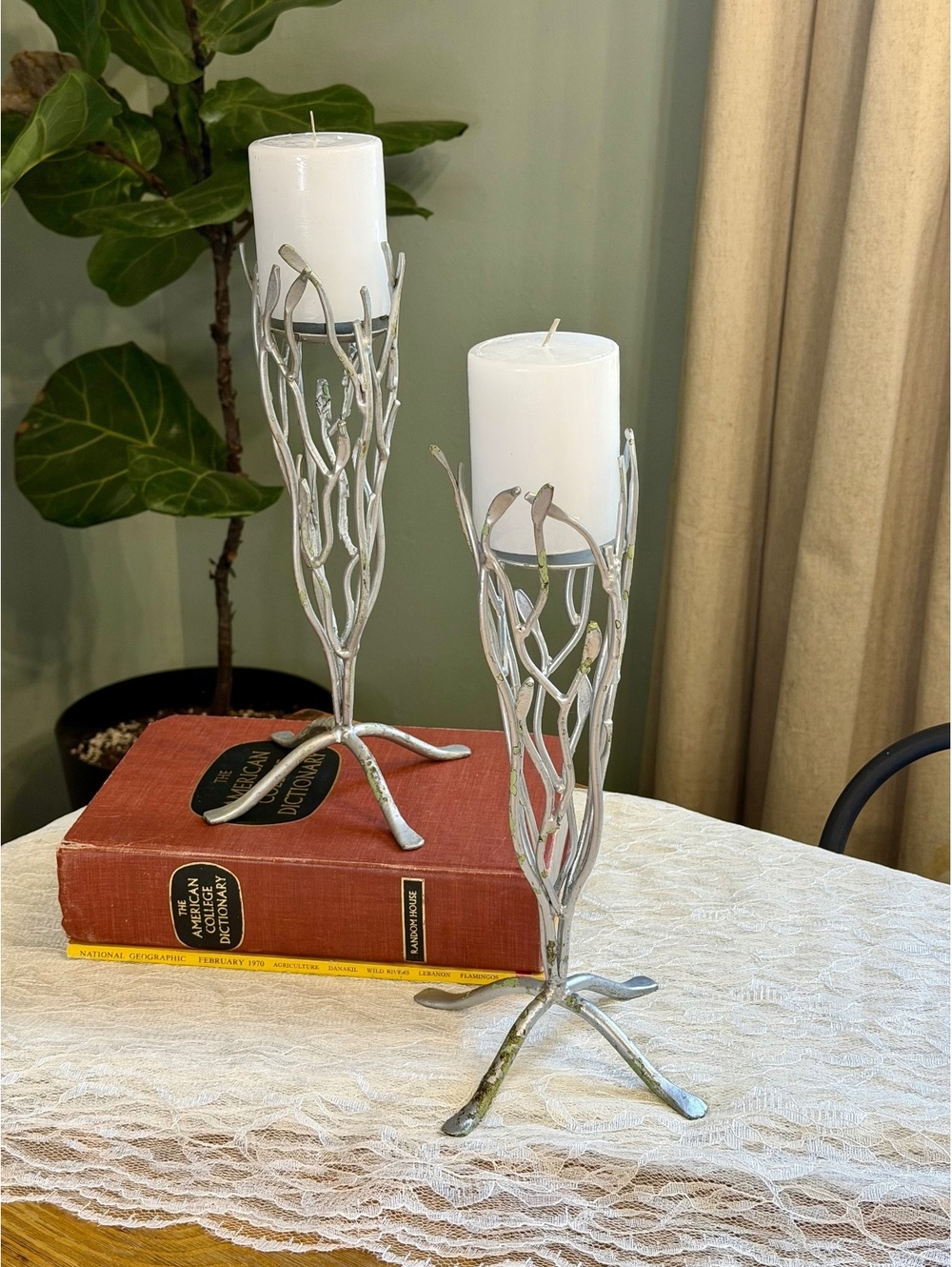 Set of 2 Branch Twig Metal Pillar Candle Holders Silver Distressed Rustic Decor